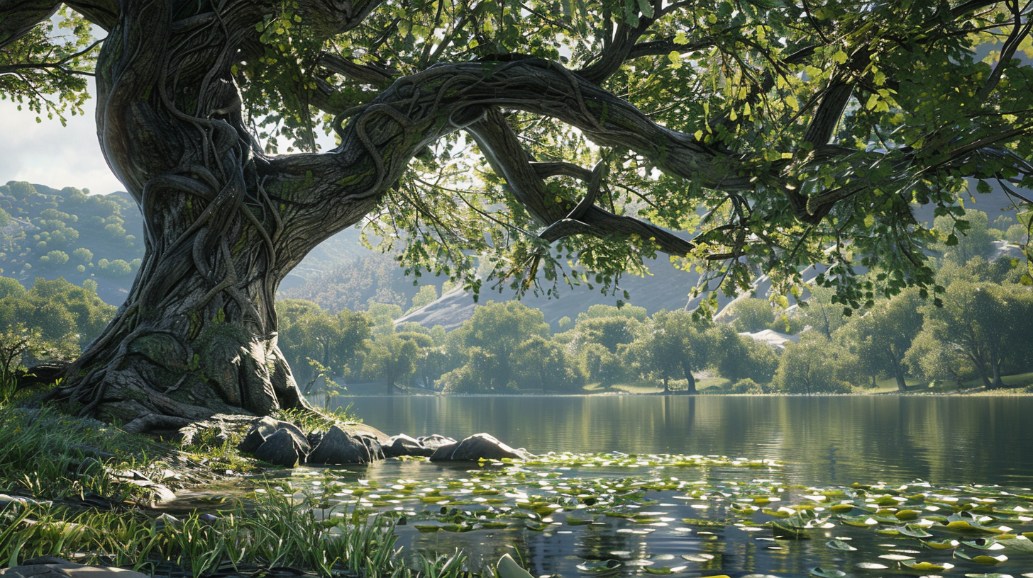 Picnic by lotus lake in western America, under oak tree.