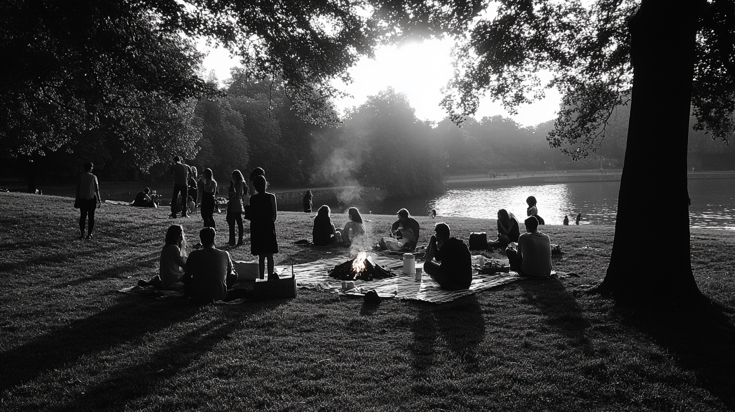 Picnic in Antwerp park, people relaxing around campfire.