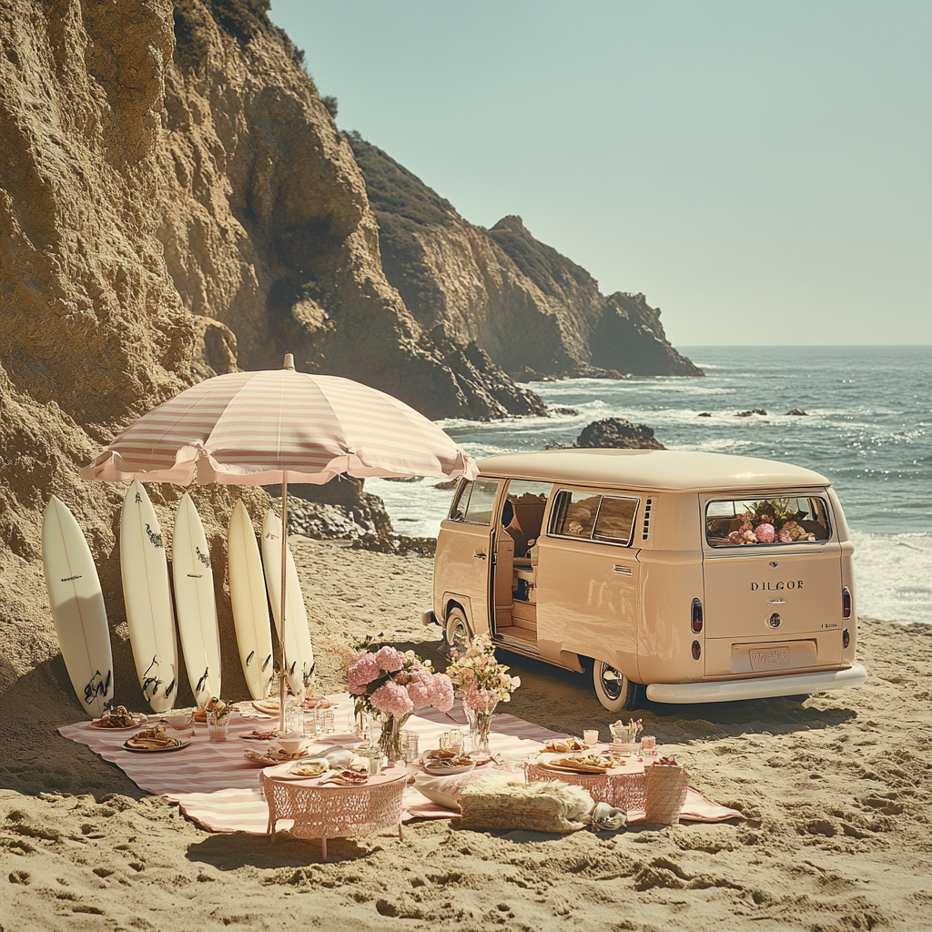 Picnic set with surfboard, van, umbrella, flowers, ocean view.