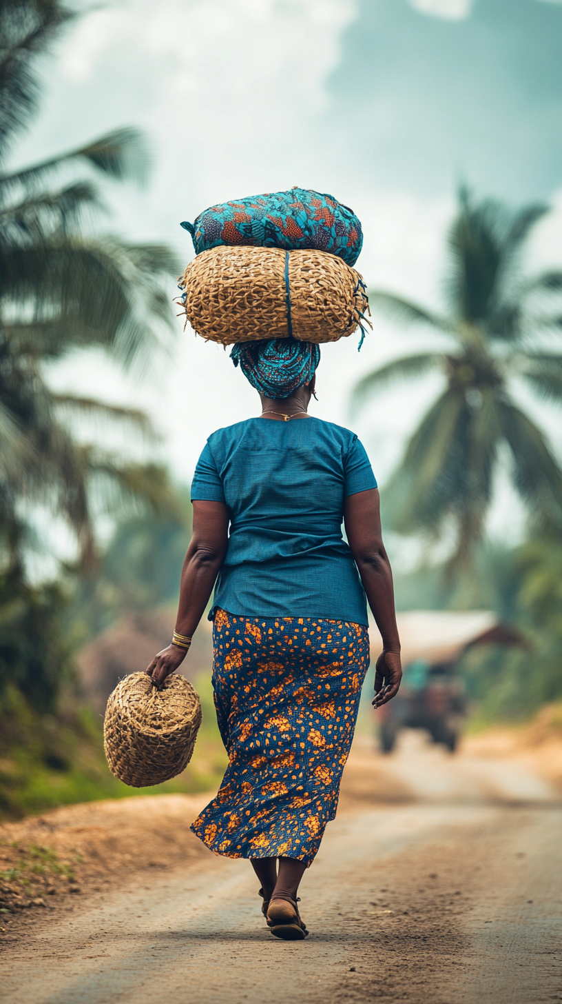 Picture of Ezinne, Nigerian midwife, with braided hair, walking.