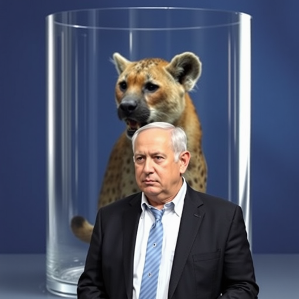 Picture of Netanyahu and hyena in glass.