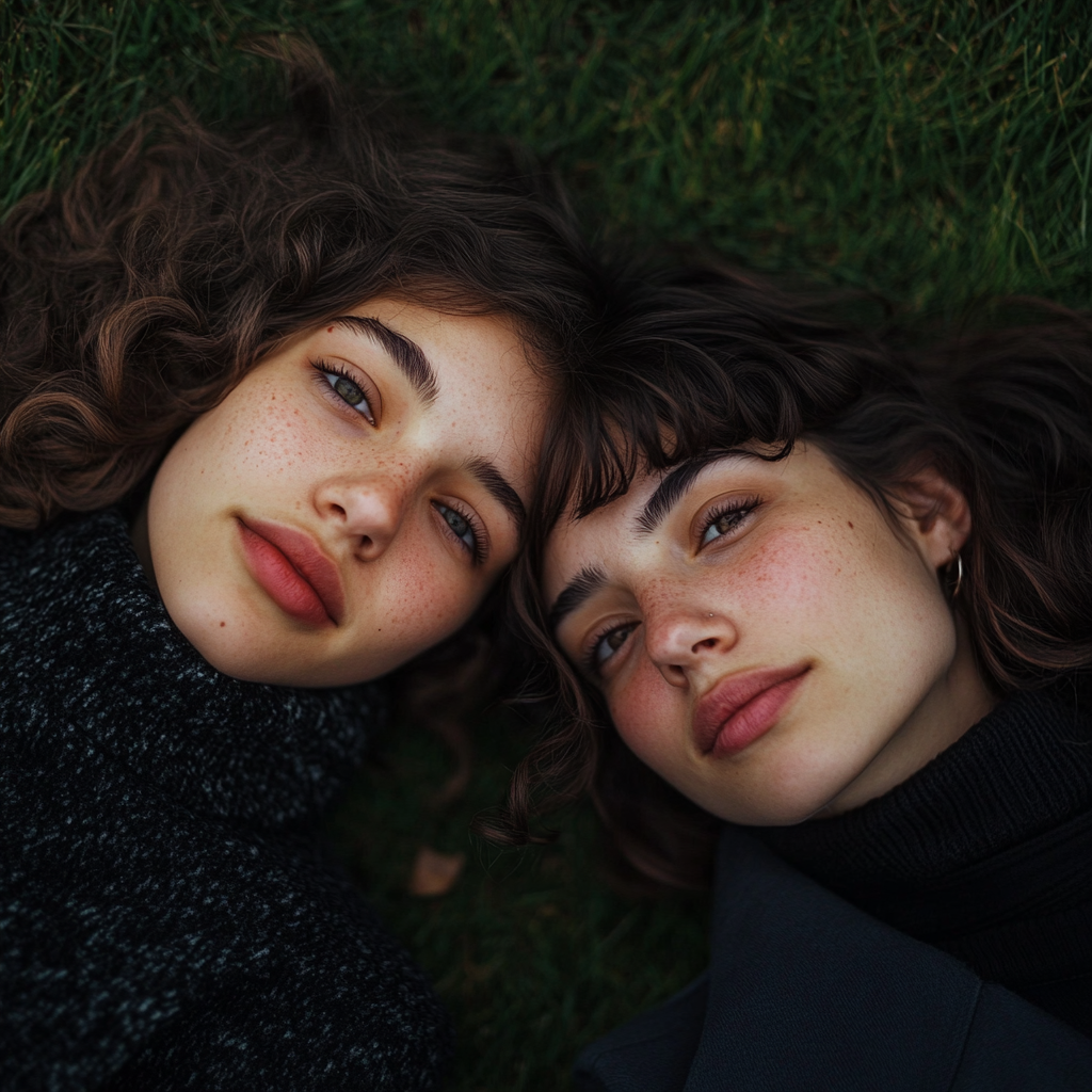 Picture of girl and mother lying on grass.