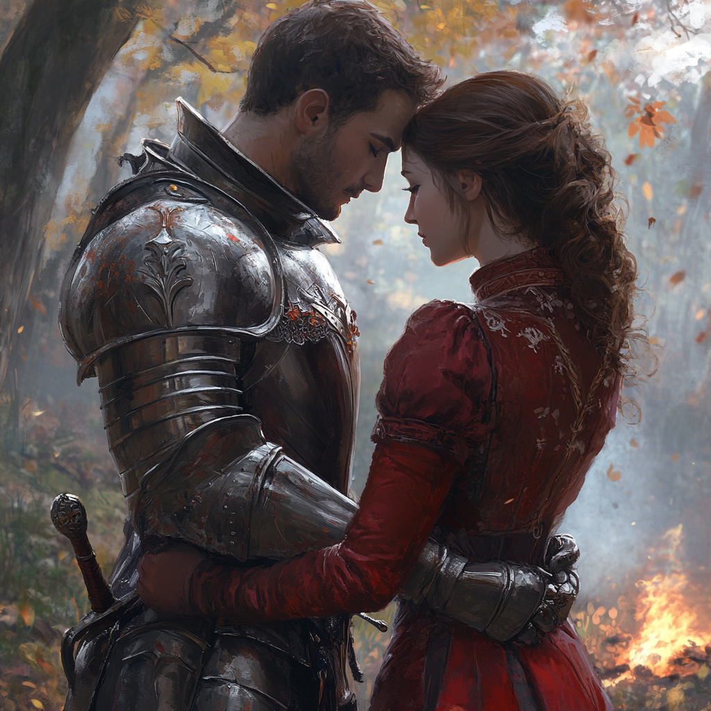 Picture of medieval knight and noblewoman in nature.