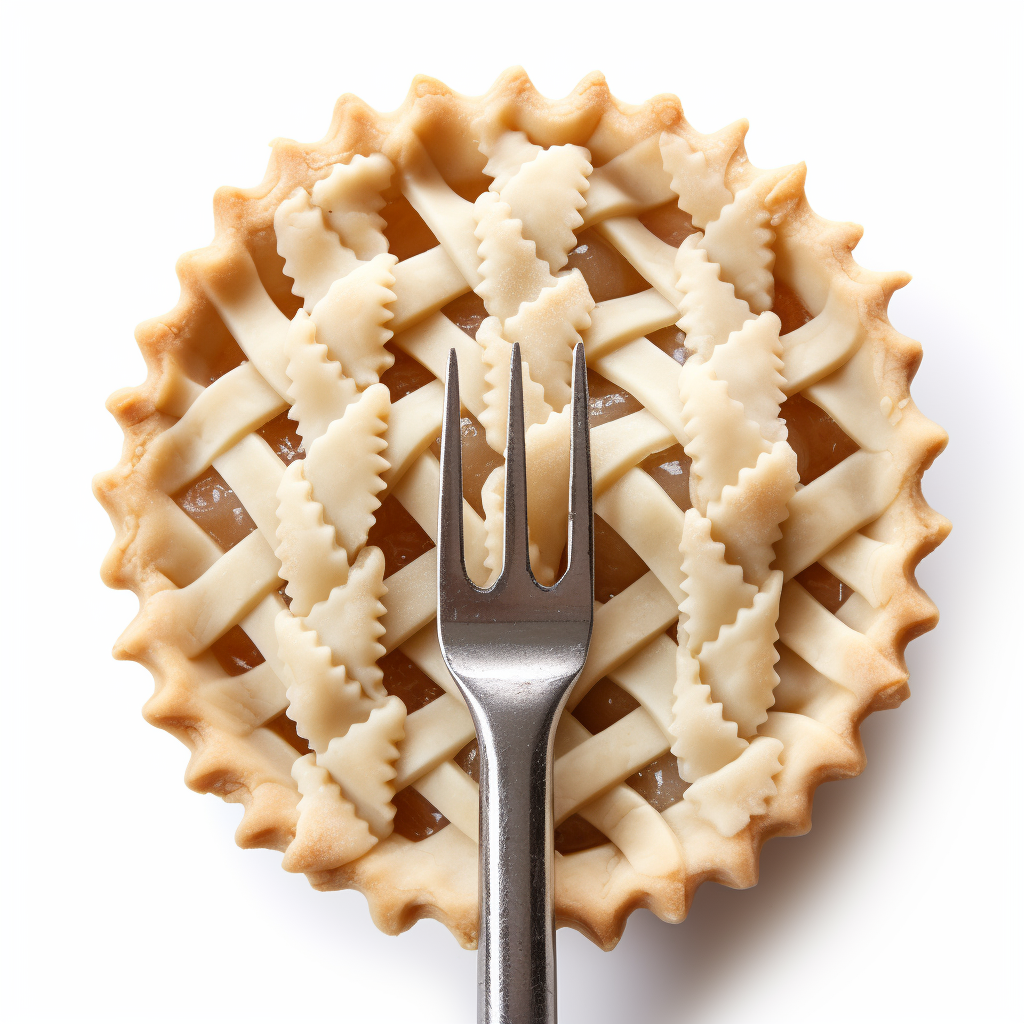 Professional food photography of a pie crust with fork holes on a white background.