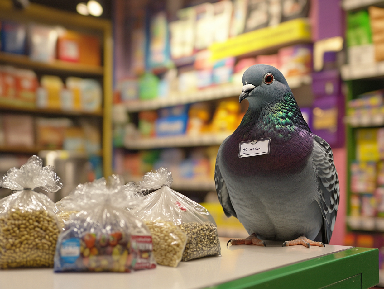 Pigeon cashier at pet store with birdseed bags.