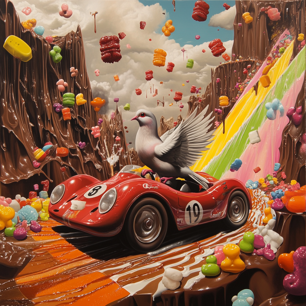 Pigeon drives on chocolate mountain with gummy bear dancers