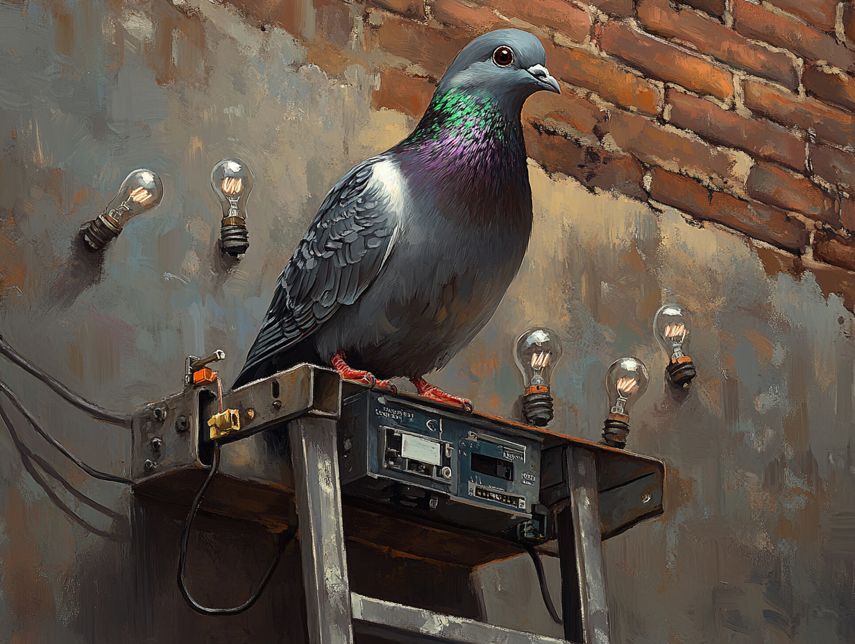 Pigeon with tool belt fixes ladder lights intently.