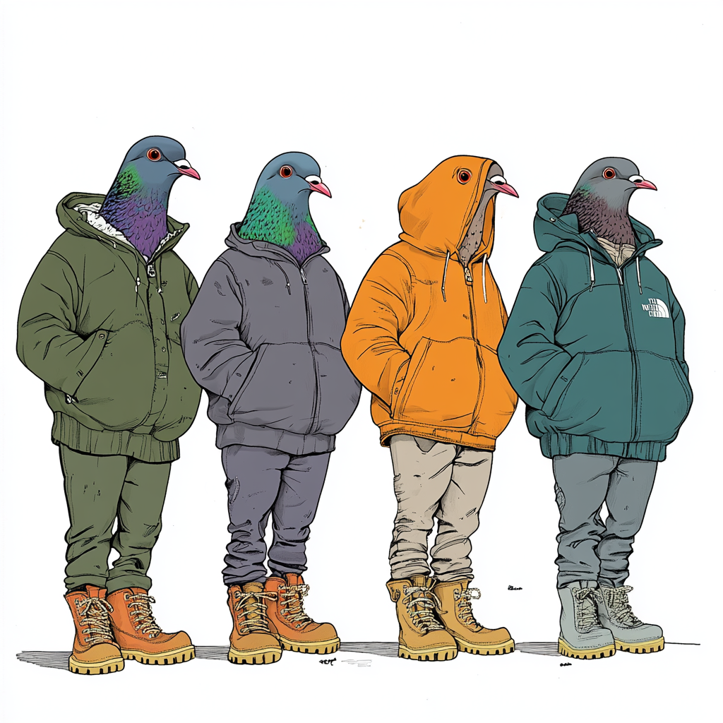 Pigeons in boots and jackets in a row