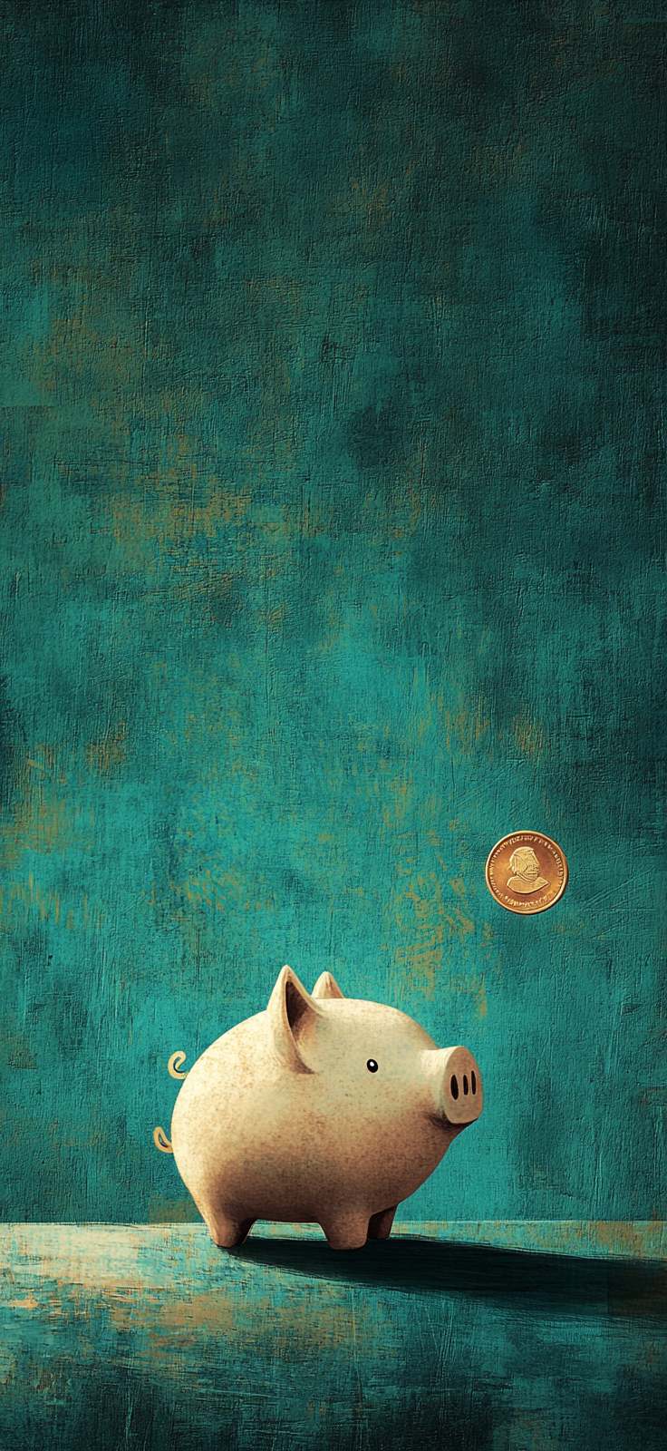 Piggy Bank with Coin on Teal Background