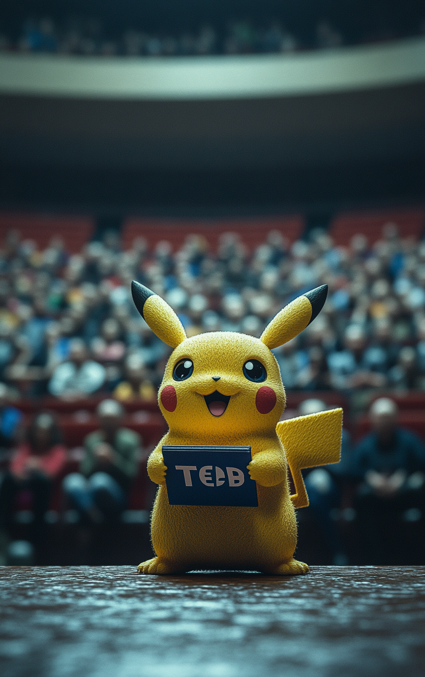 Pikachu giving a confident TED talk to auditorium audience.