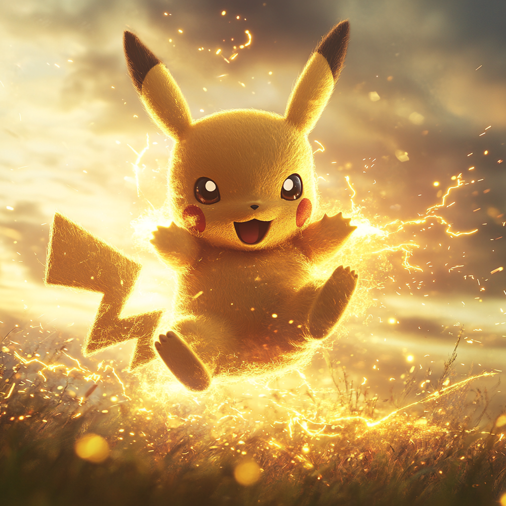 Pikachu glowing fur jumps with electric sparks at sunset.