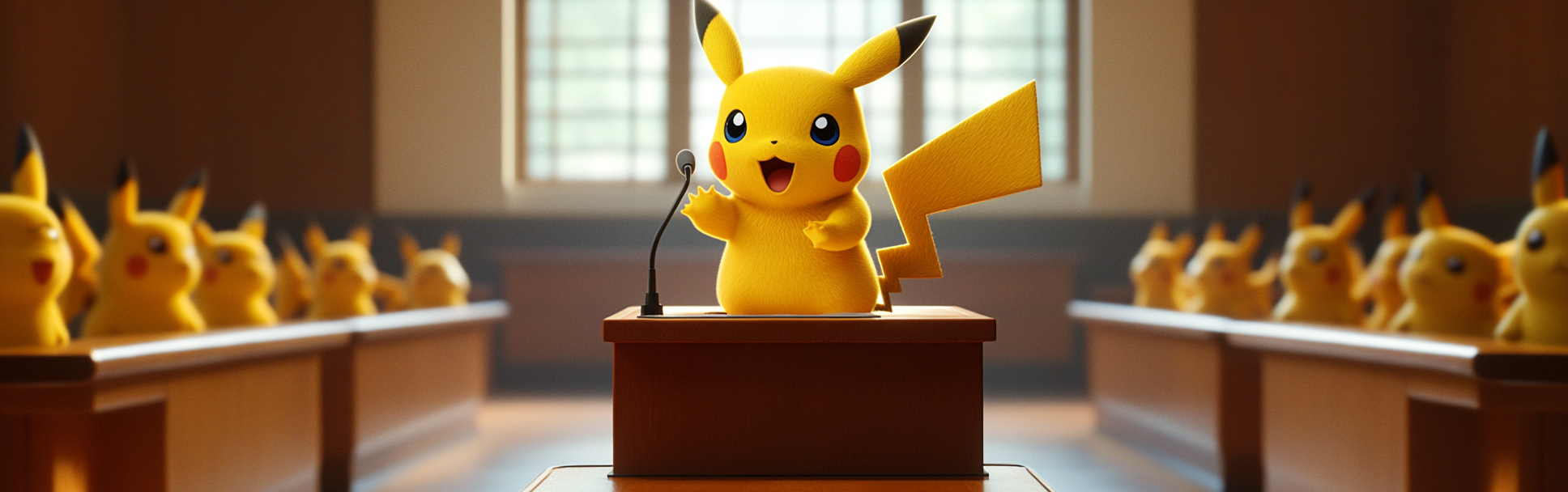 Pikachu presenting research to other Pikachus in classroom.