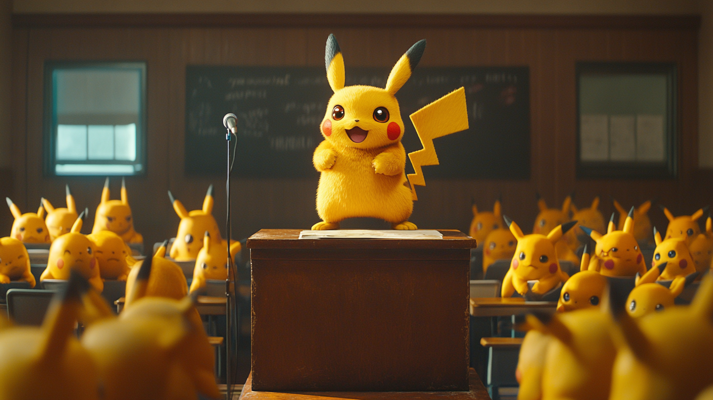 Pikachu presents research to audience of Pikachus at college.