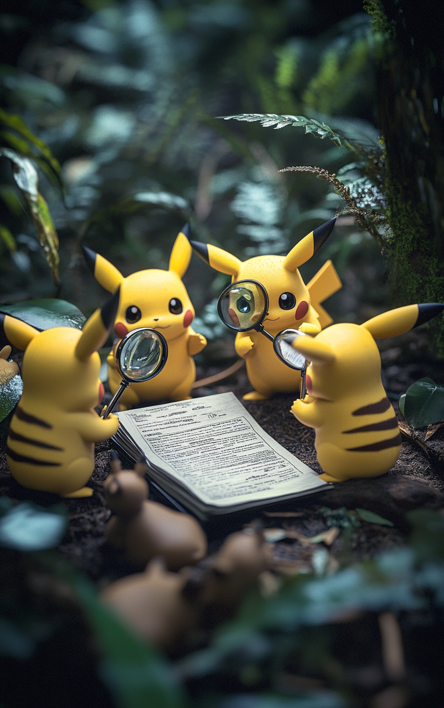 Pikachus examining document in forest with animals. Miniature view.