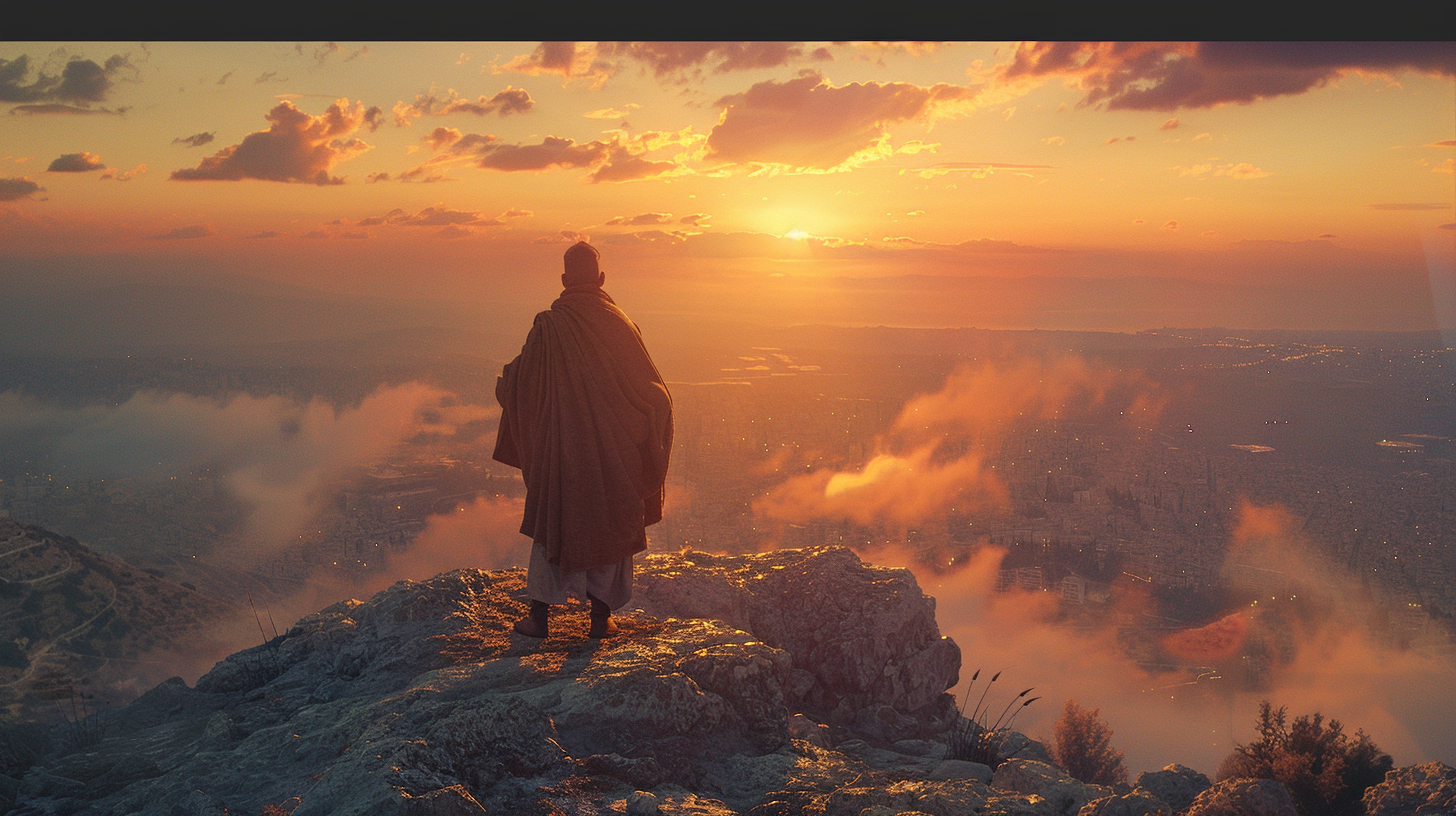 Pilgrim on Jerusalem Mountain at Sunset Ultra Realistic Image