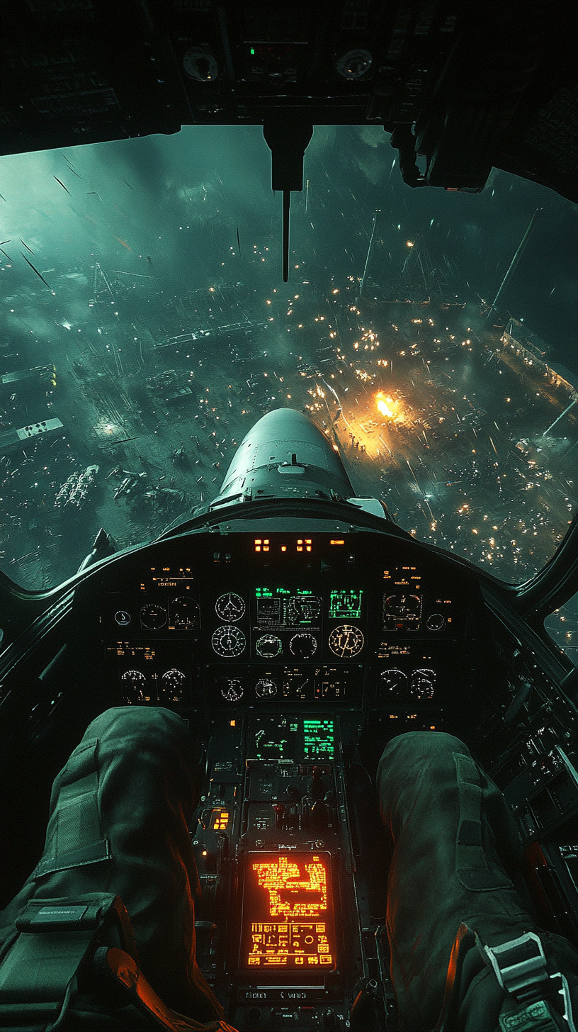 Pilot's view from cockpit with night vision engaged.