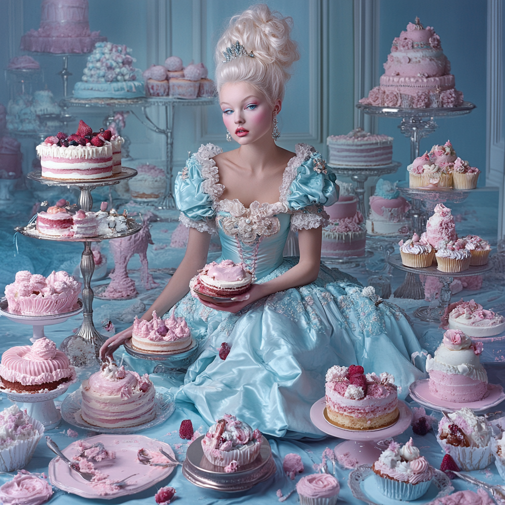 Pin up girl as Marie Antoinette with cakes.