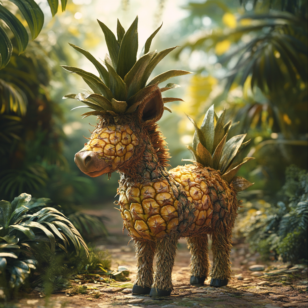 Pineapple donkey in tropical jungle, playful surreal artwork.