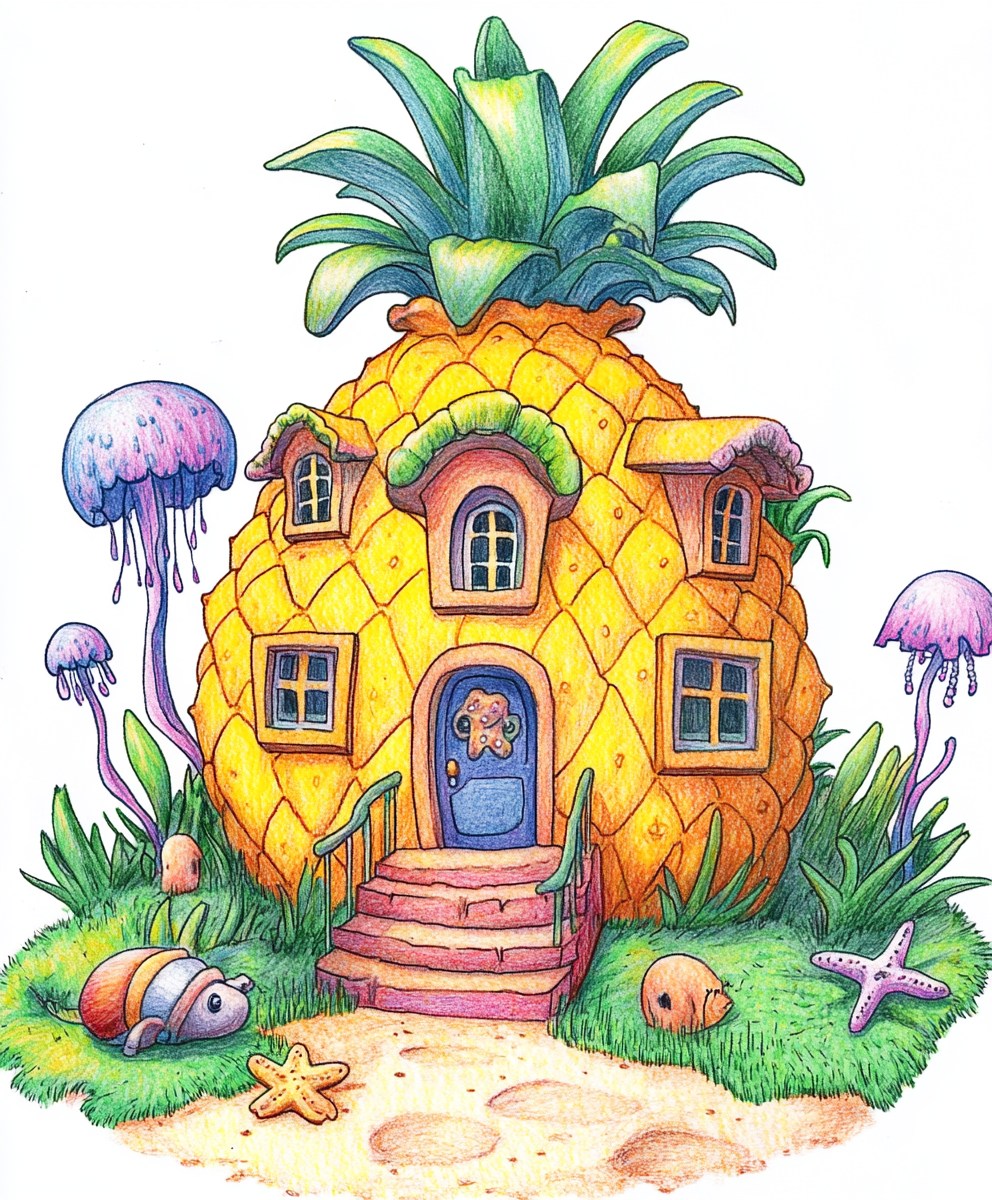 Pineapple house in Nickelodeon style with sea creatures.