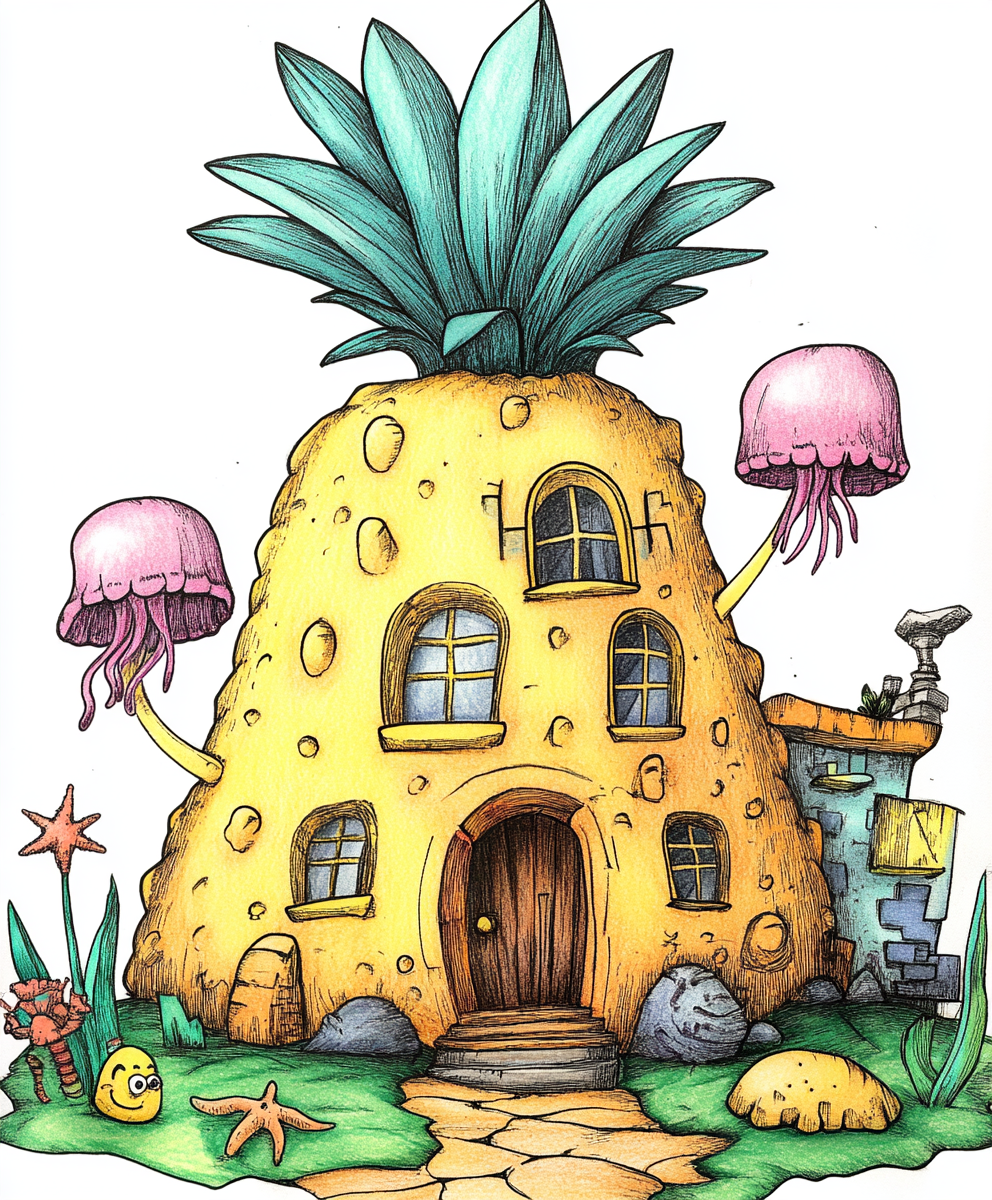 Pineapple house outline in Nickelodeon style, for kids t-shirt.