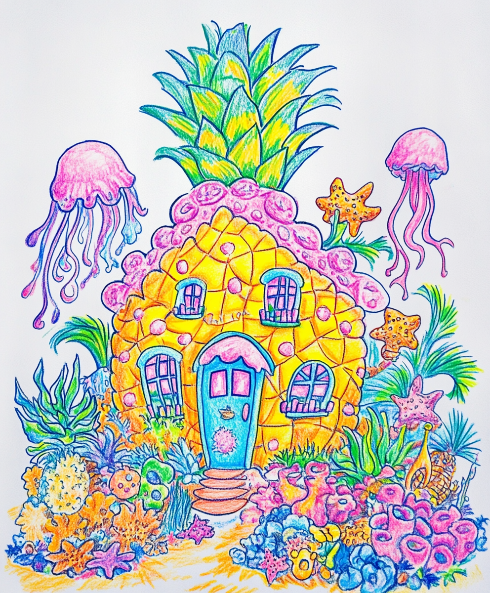 Pineapple house outline in pink, yellow, green pencils