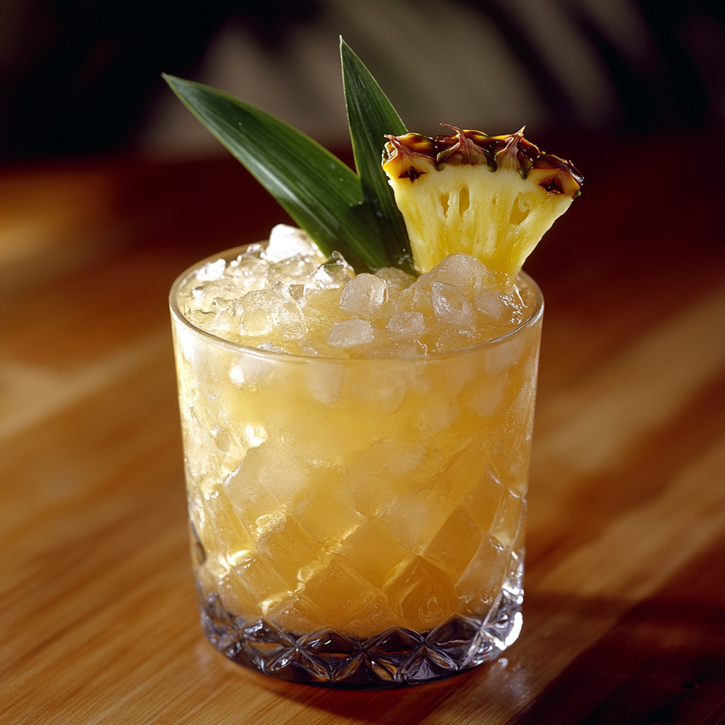 Pineapple leaf drink in lowball glass with crushed ice.