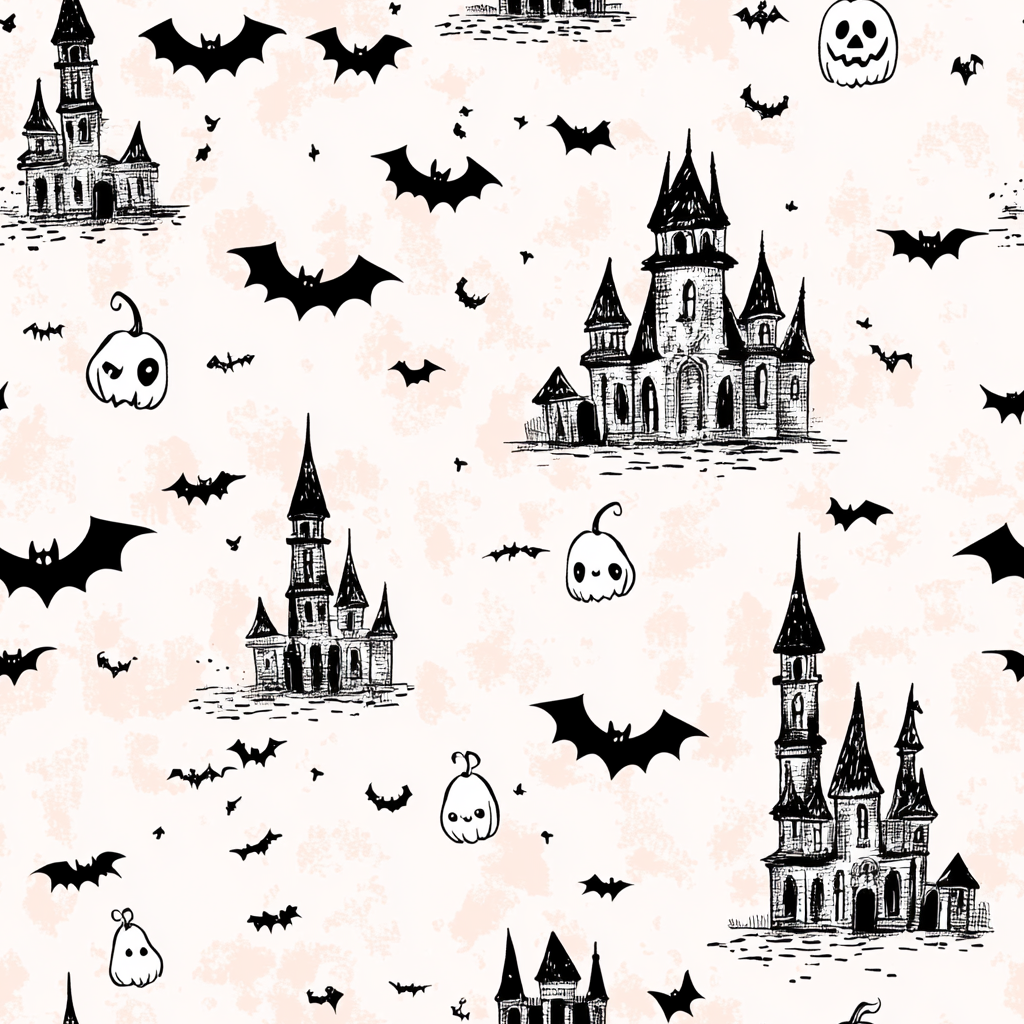 Pink Halloween Pattern with Bats, Pumpkins, and Ghosts