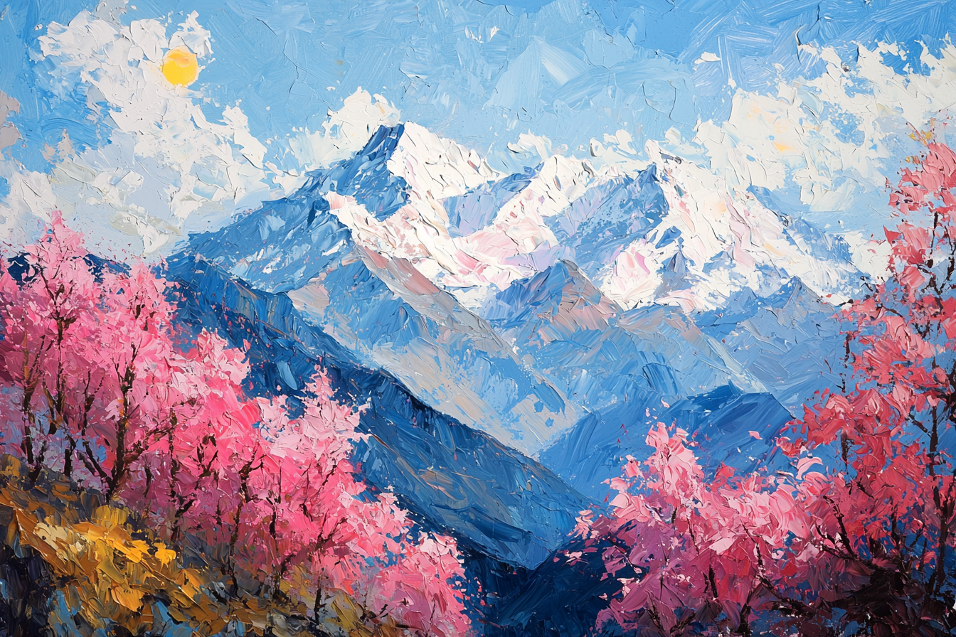 Pink Trees under the sun, beyond the mountains landscape.