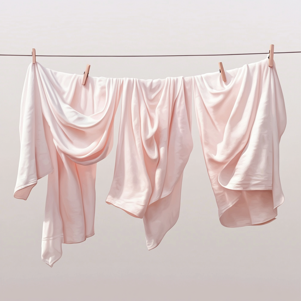 Pink and white laundry on line, detailed watercolor.