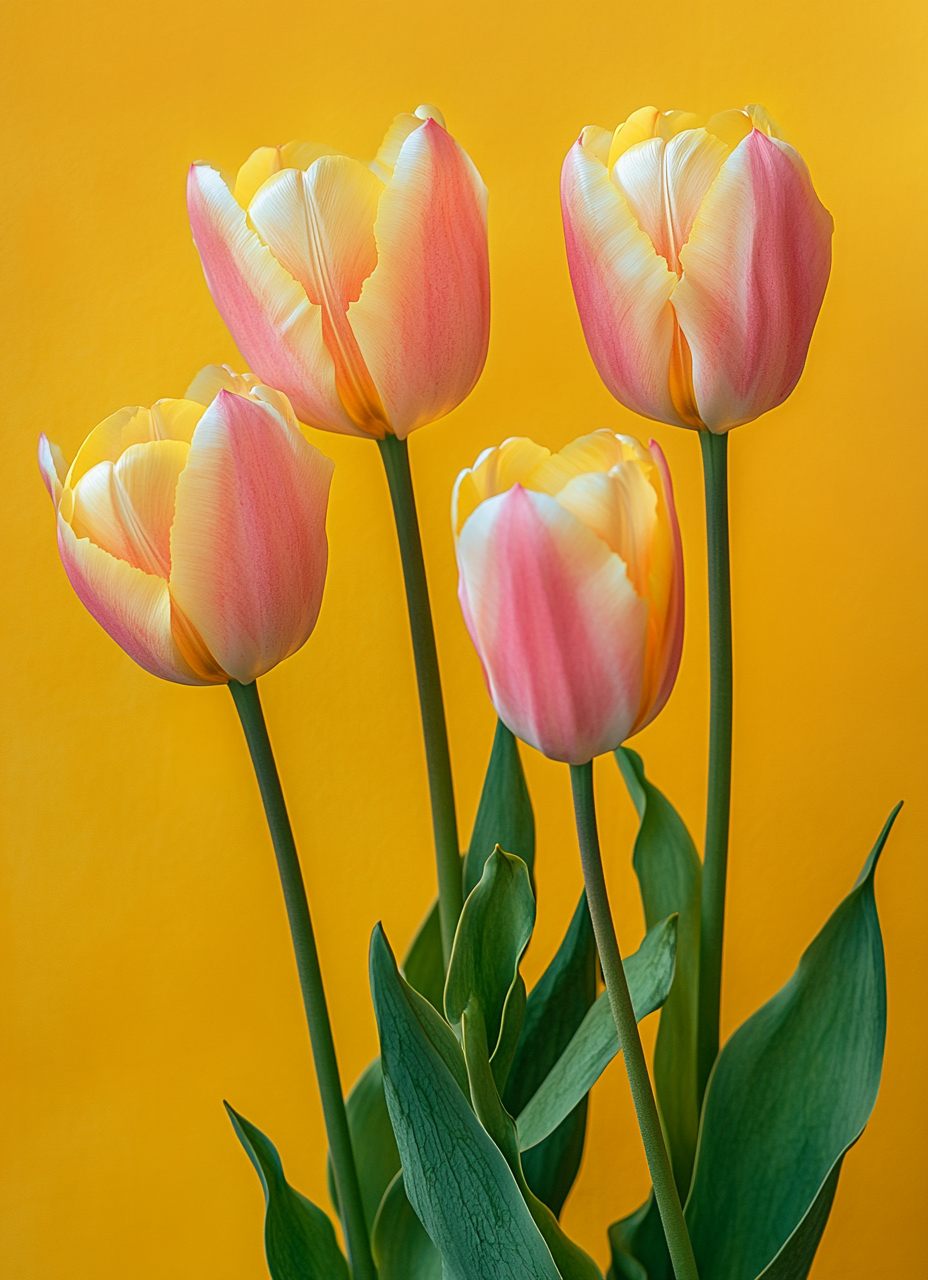 Pink and yellow tulips on yellow wall, bright colors.