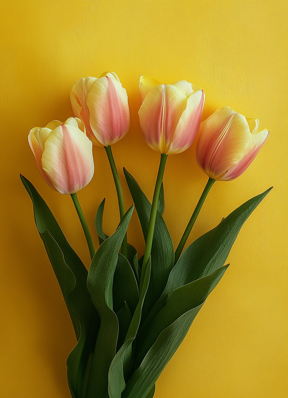 Pink and yellow tulips on yellow wall, macro photography.