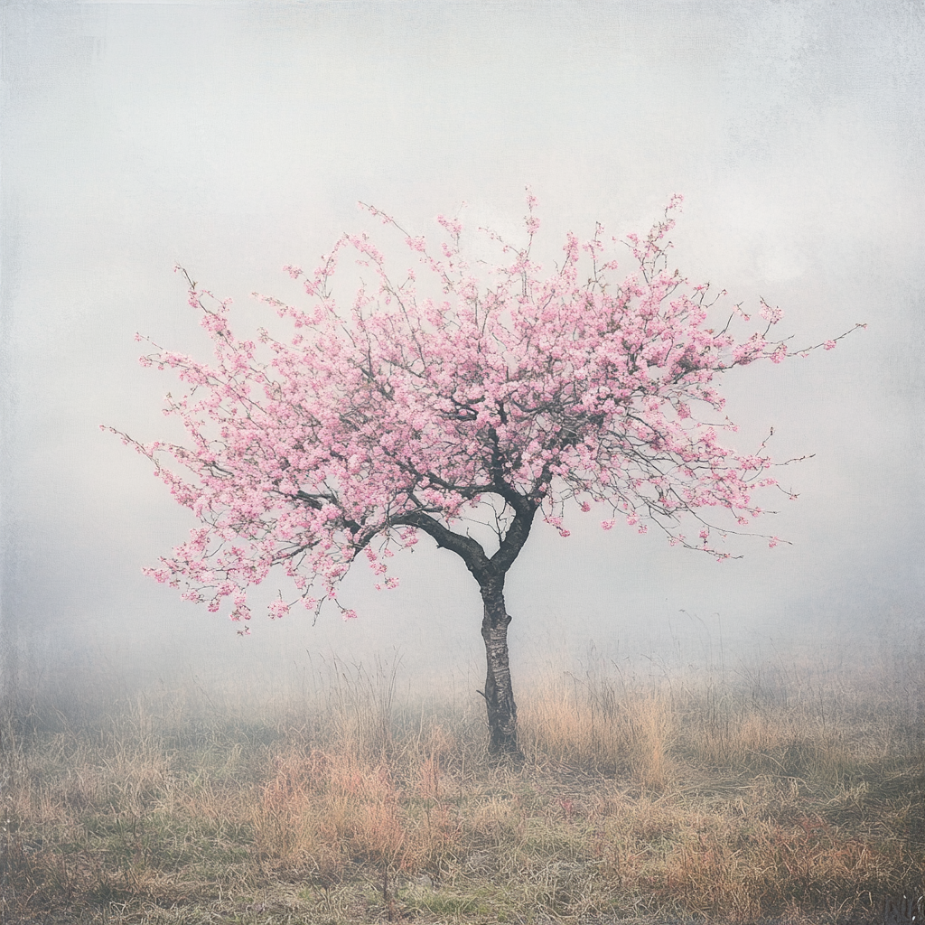 Pink blossoms on old plum tree in dreamy fog.