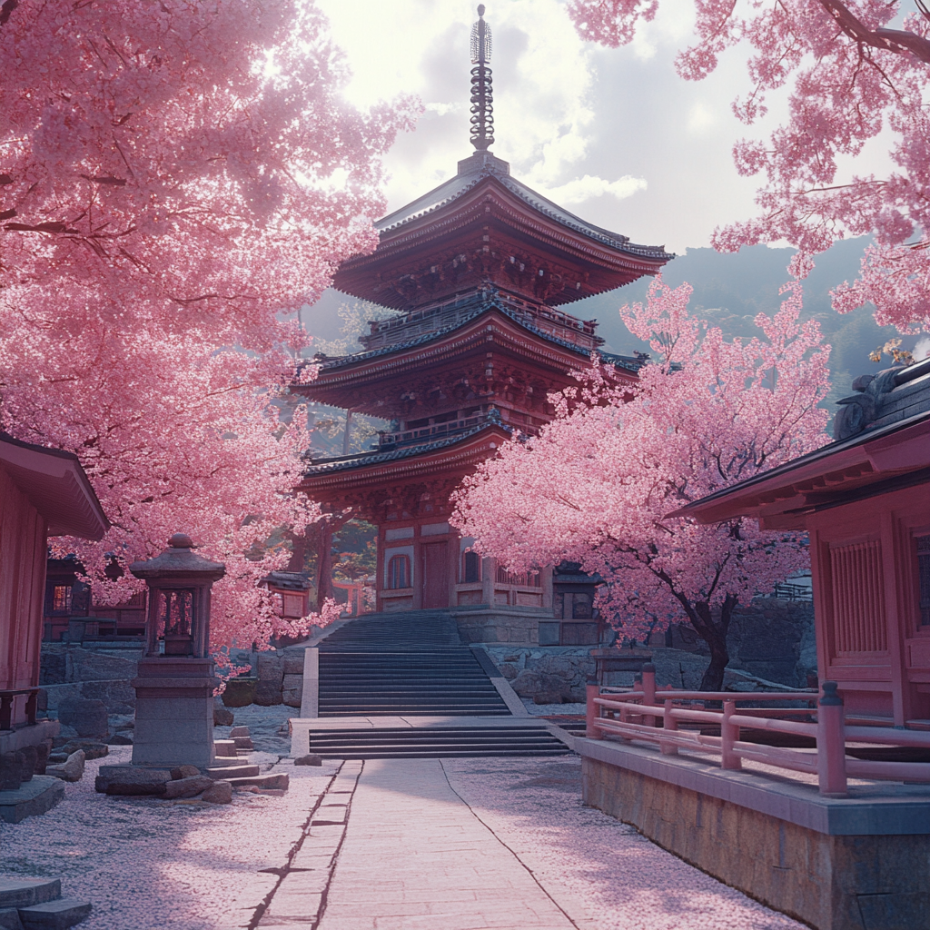 Pink blossoms surround modern temple entry, film photograph effect.