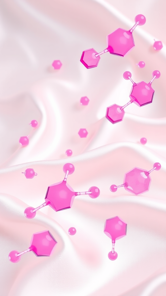 Pink chemical molecules floating on white satin.