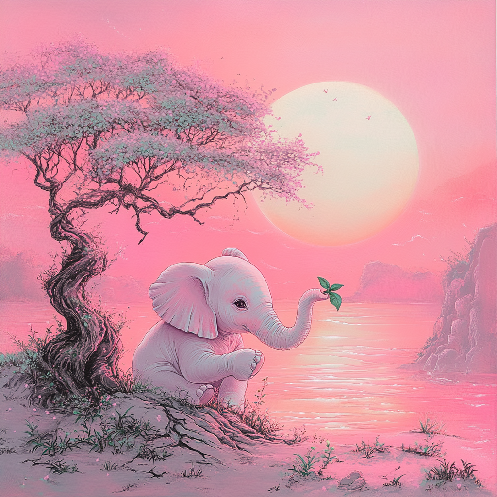 Pink elephant under tea tree, gazing at sunrise.