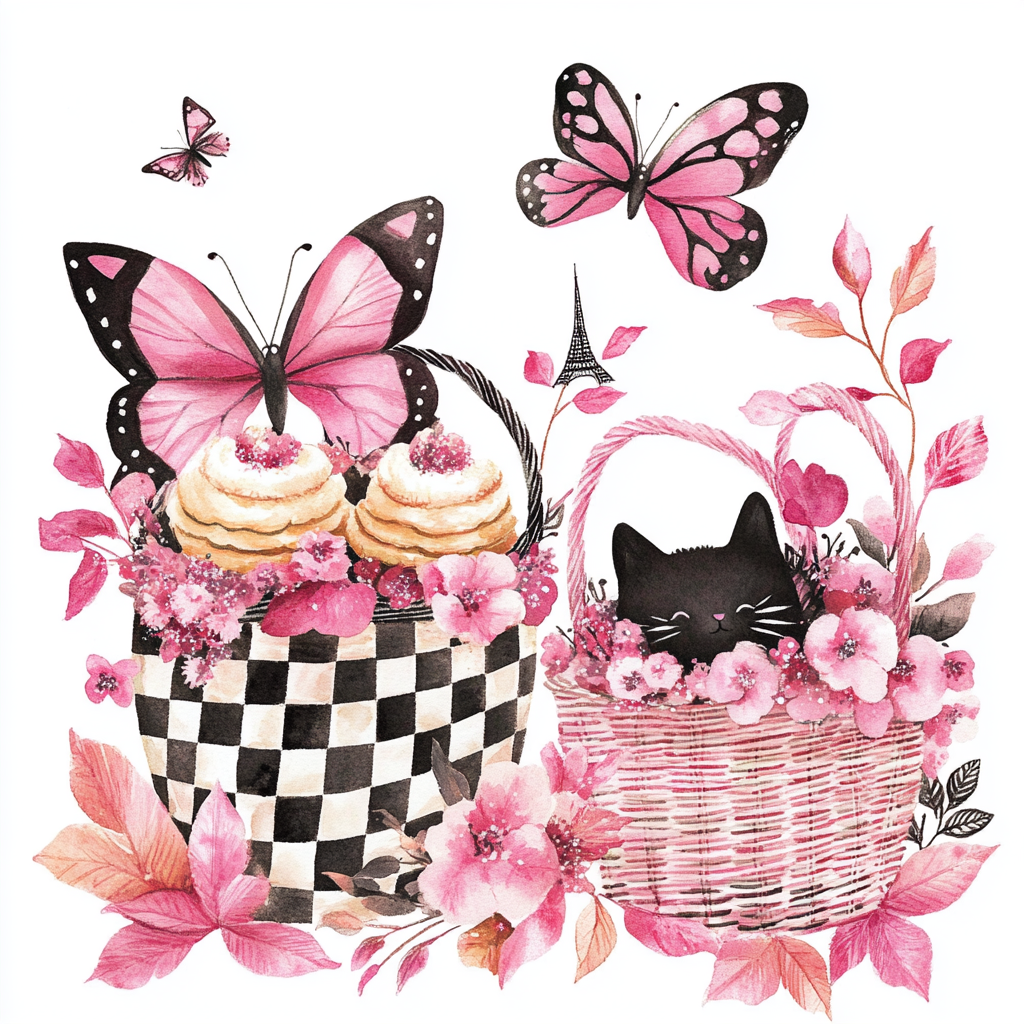 Pink fall baskets with Paris elements and butterflies illustration.