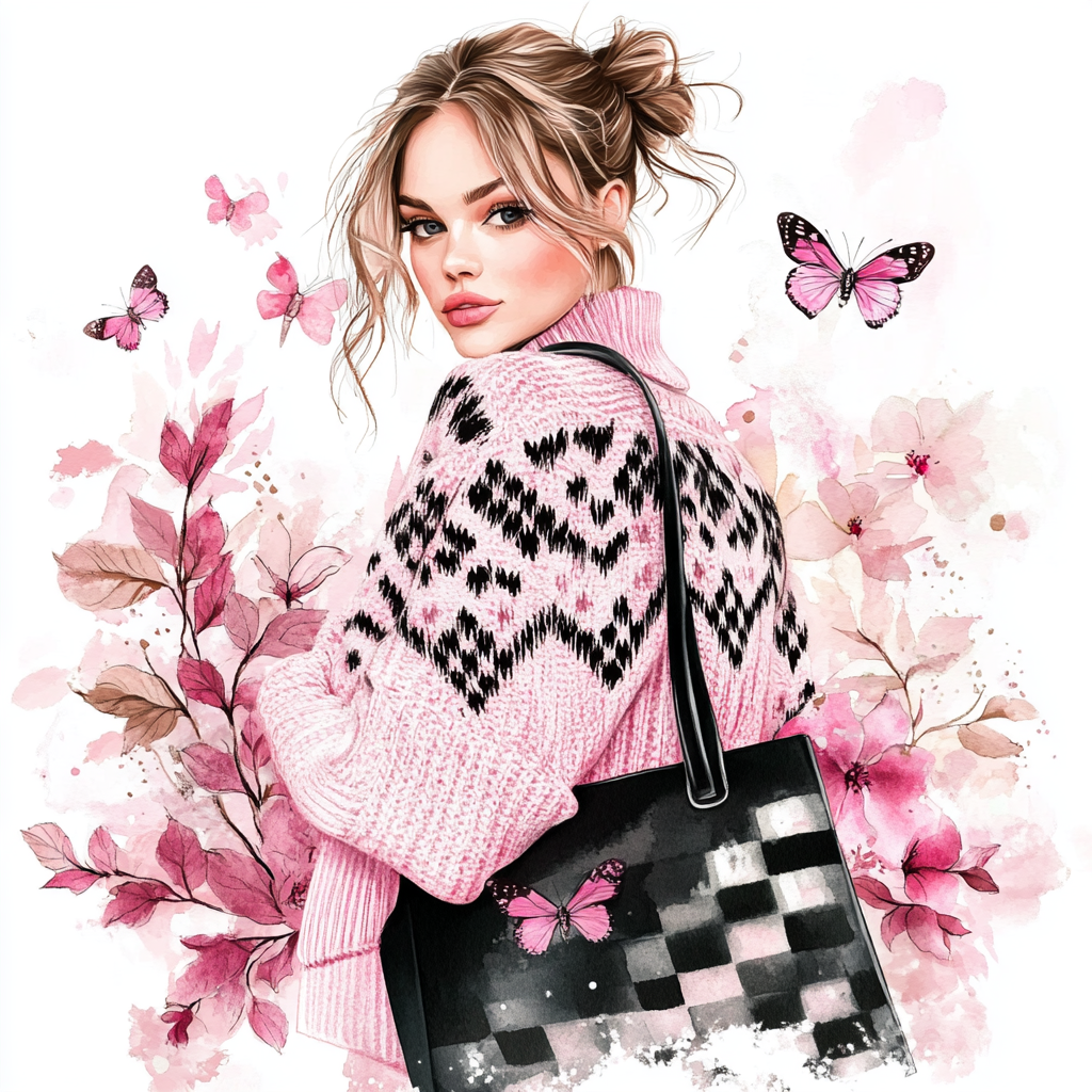 Pink fall season girl with harlequin sweater and butterflies.