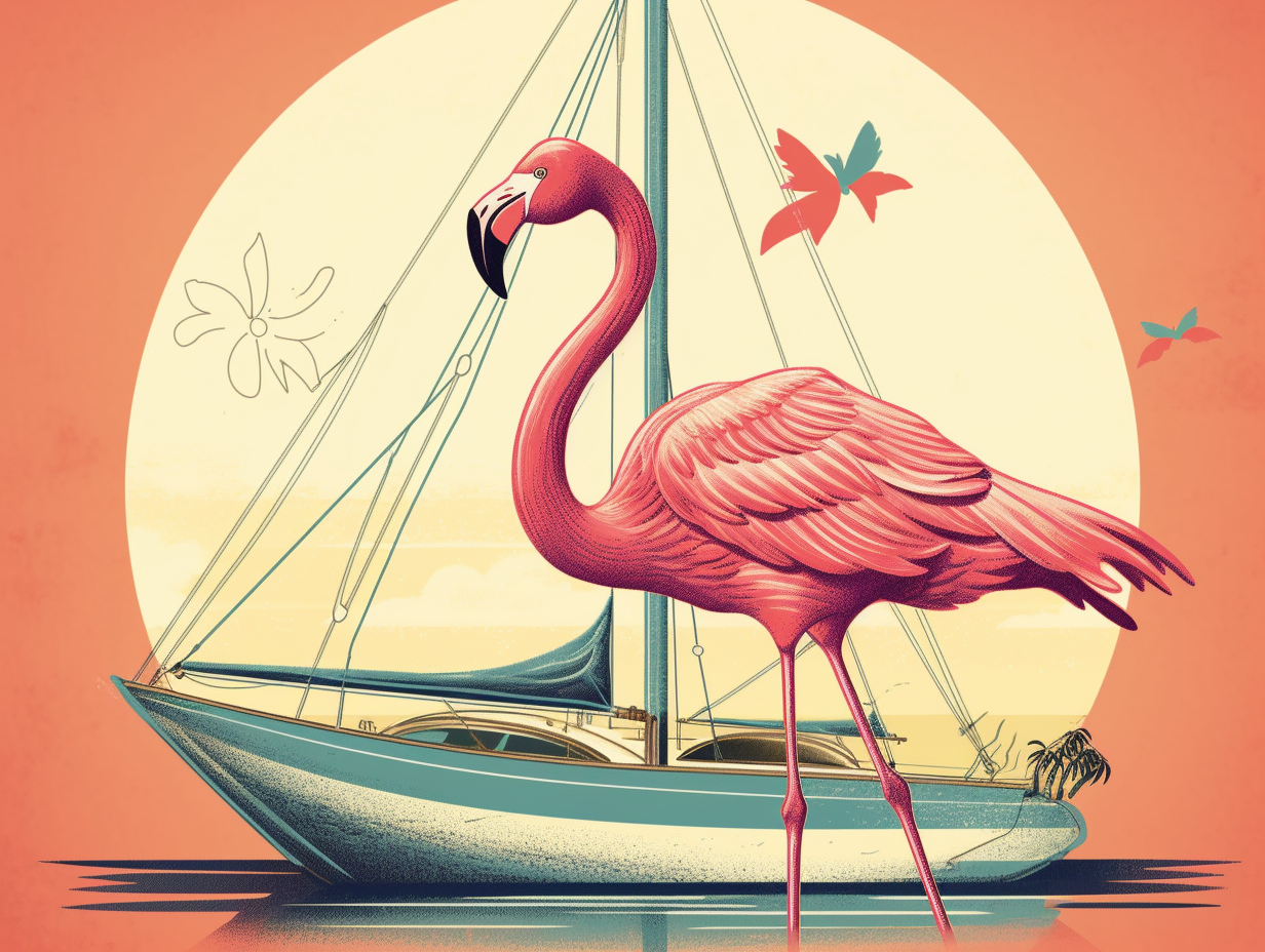 Pink flamingo with sunglasses, standing stylishly on yacht.