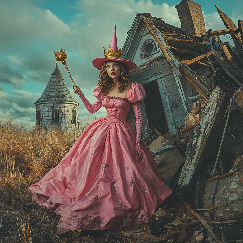 Pink gown, golden wand, good witch, bad witch's downfall.