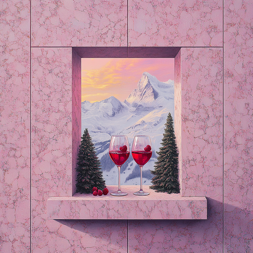 Pink granite wall, window with wine glasses, Christmas trees, Alps.