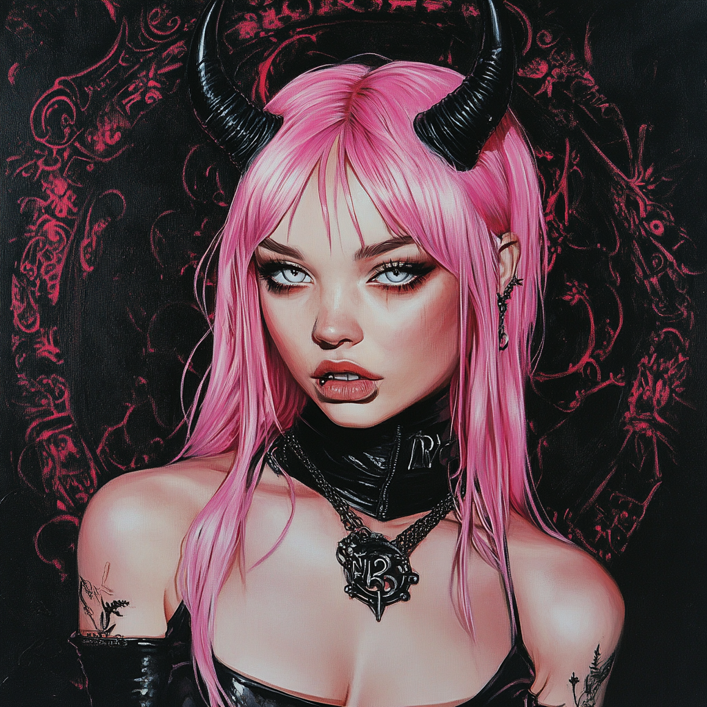 Pink hair woman with white eyes and horns portrait.