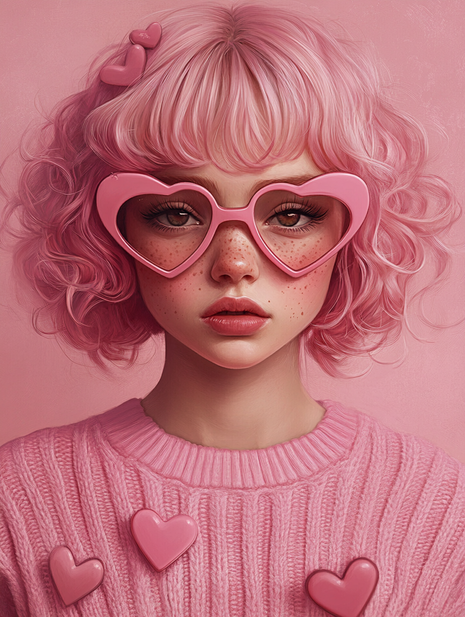 Pink-haired girl with freckles wears heart-shaped glasses.