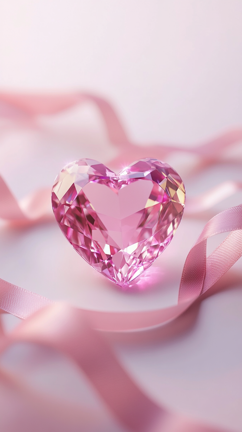 Pink heart gemstone with flowing ribbons, cute design.