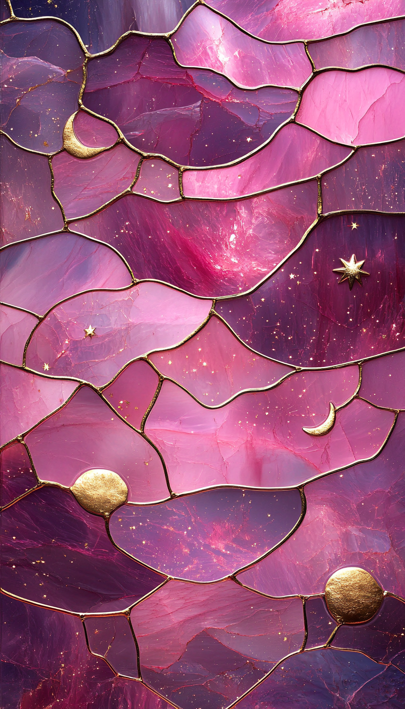 Pink iridescent stained glass with gold kintsugi repairs.