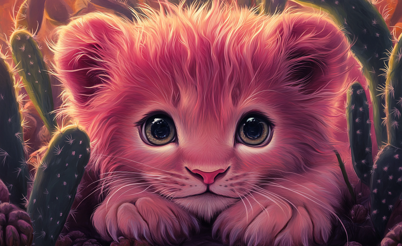 Pink lion cub with long hair in cactus garden.