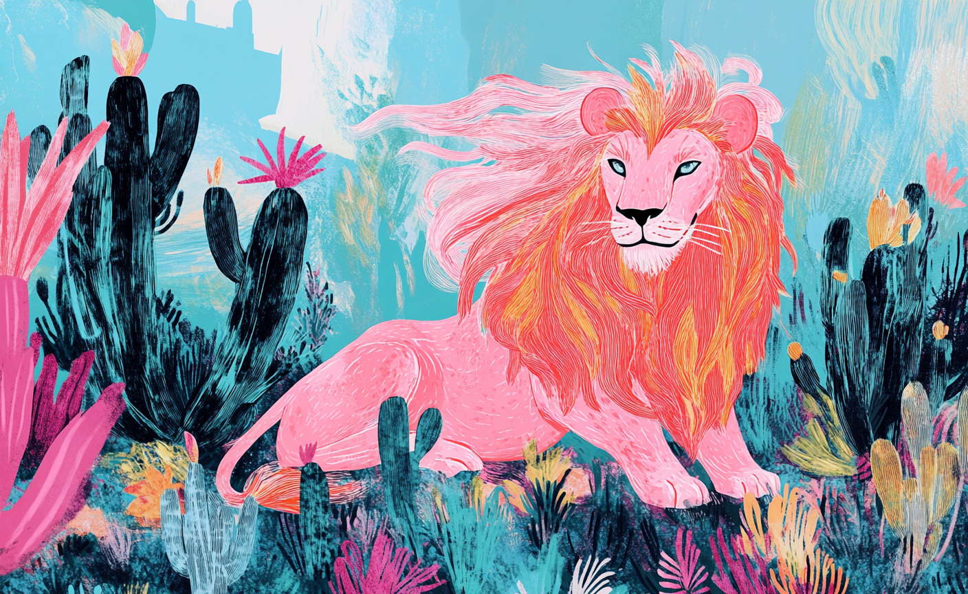 Pink lion with long hair among cactus garden.