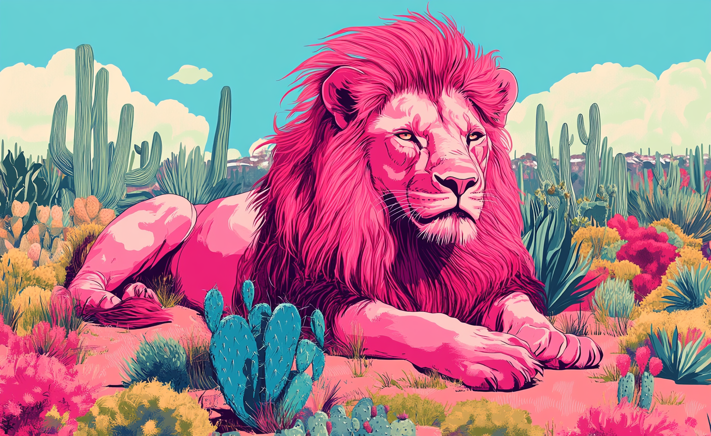 Pink lion with long hair in cactus garden, elegant.