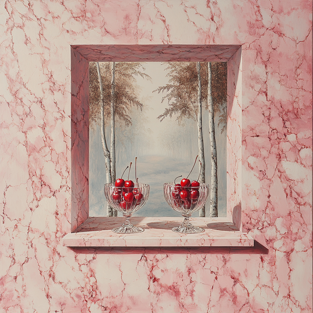 Pink marble wall, square opening, cherries in goblets.