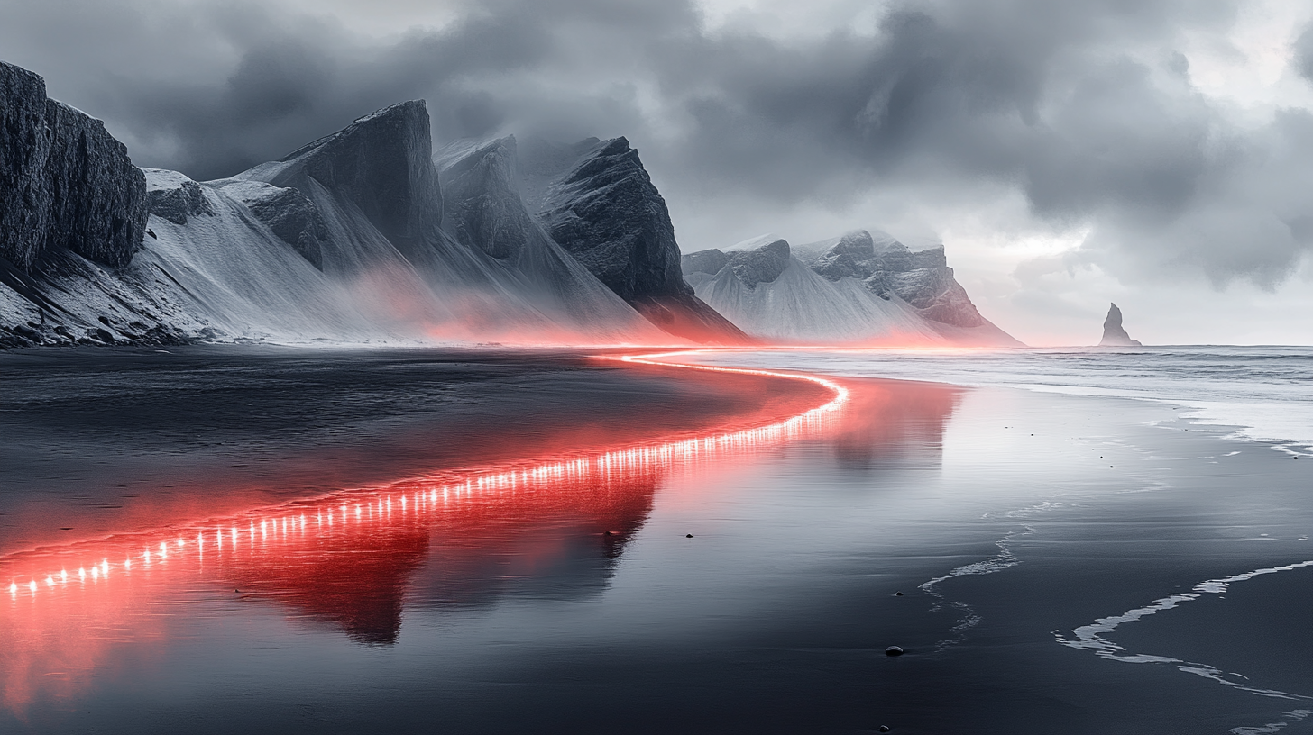 Pink neon river on black sand beach in Iceland