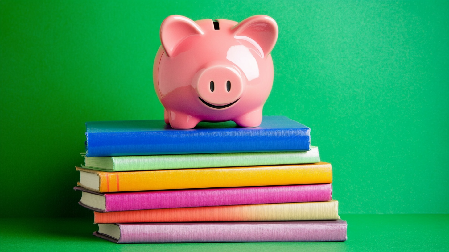 Pink piggy bank on books for education importance.